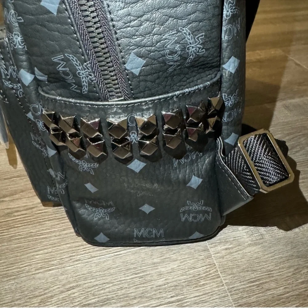 MCM Stark Monogram Logo Black Visetos Canvas Leather Small Studded Backpack